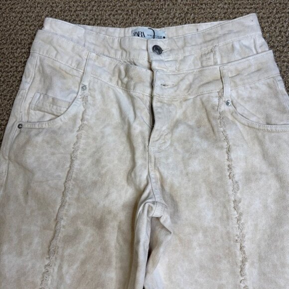 Zara Double Waistband Boho Freyed Tan and Cream wide leg Jeans NWOT Sz 6 - Picture 2 of 15